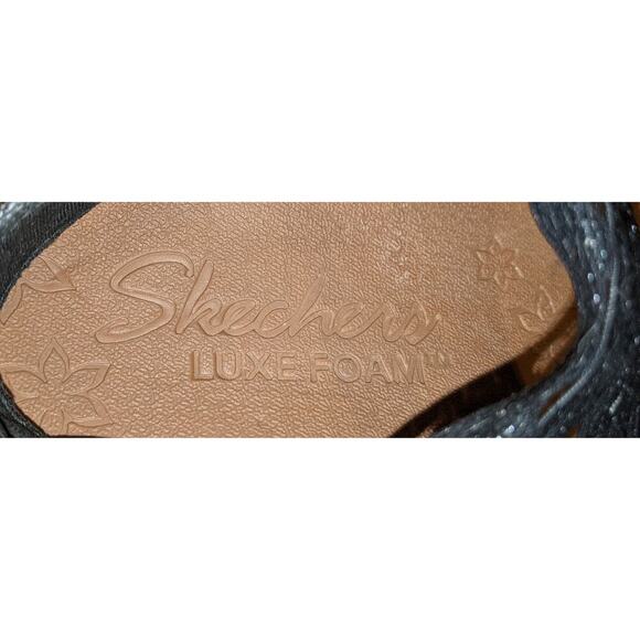 Skechers Womens Black Luxe Foam Brie Sandals Cork Wedge Denim Strap Casual Sz 7 - Picture 8 of 10